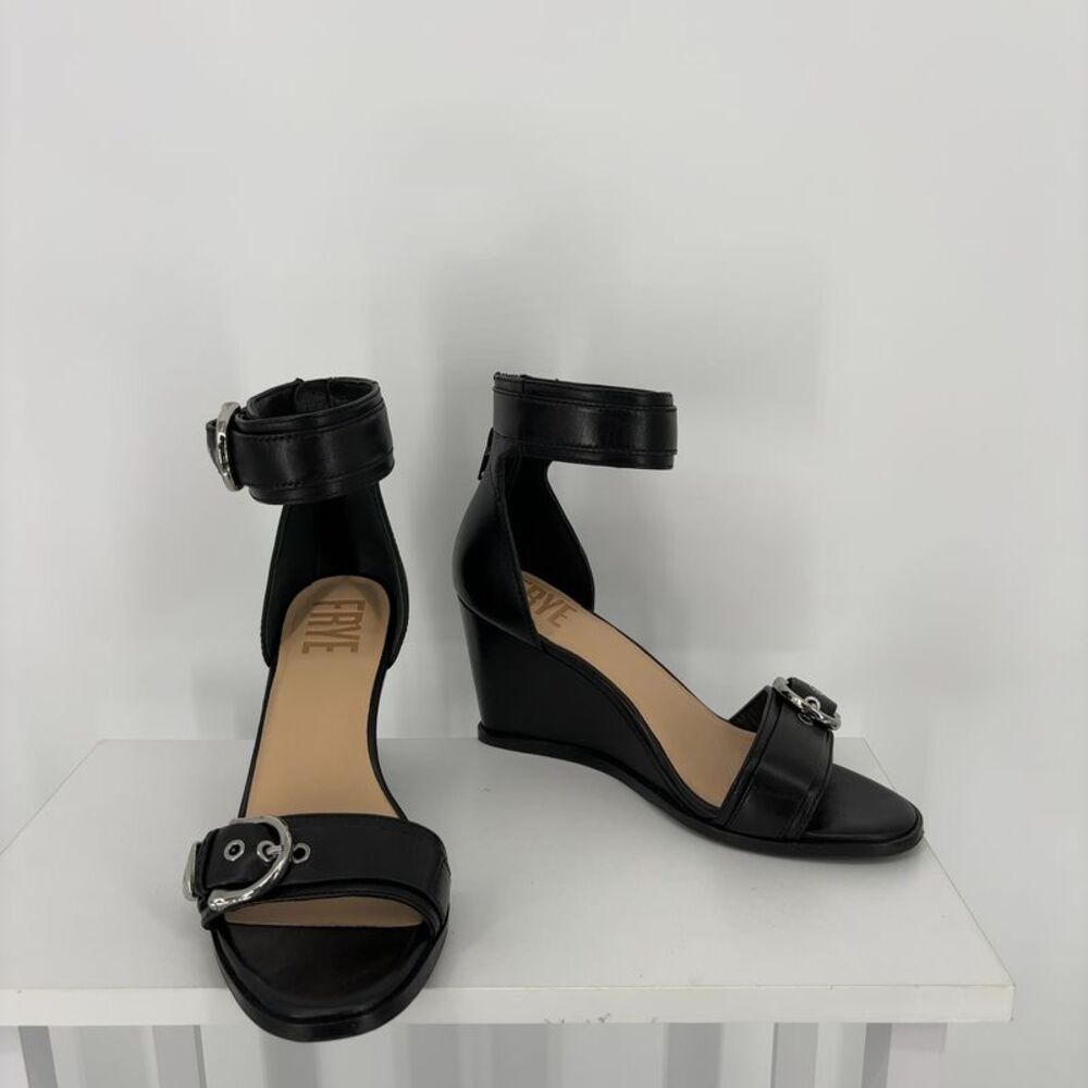 Frye Black Leather Wedge Sandals